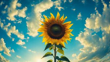 Standing Sunflower Against Bright Blue Sky with Fluffy White Clouds photo