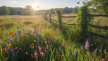Wildflower Meadow at Sunrise with Wooden Fence and Butterflies Flying photo