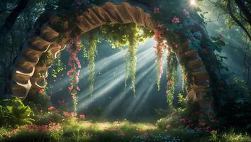 Stone Archway in Forest with Sunlight and Hanging Plants photo