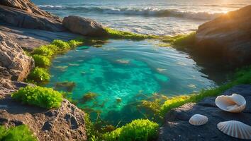 Turquoise Tide Pool at Rocky Coastline with Shells at Sunset photo