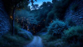 Walking on Evening Path Through Enchanted Forest with Fireflies photo