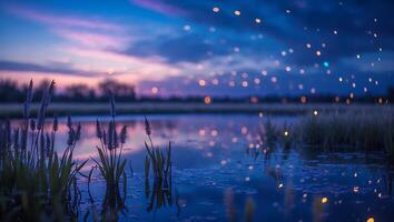 Tranquil Lake Reflecting Evening Sky with Reeds and Glimmering Lights photo