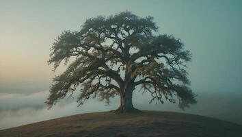 Majestic Tree Silhouette on Hilltop Surrounded by Foggy, Misty Landscape photo