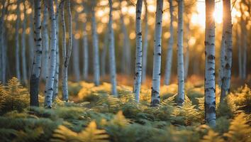 Birch Tree Forest with Ferns Glowing in Warm Sunlight Scenery photo
