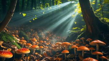 Mushrooms in Forest with Sunlight Streaming Through Canopy on Ground photo