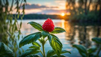 Red Berry Growing by a Lake During Colorful Sunset Landscape photo