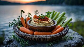 Hummus with Fresh Vegetables in Wooden Bowl at Lakeside Sunset photo