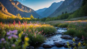 Flowing Stream Through Mountain Meadow with Wildflowers and Grassy Banks photo