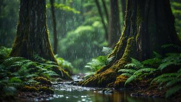 Rain Falling in Forest with Small Stream and Lush Green Ferns photo