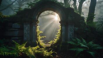Sunlight Through Archway Creates Ethereal Forest Scene with Green Ferns photo
