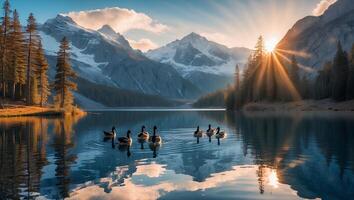 Geese Swimming on Calm Lake Reflecting Mountains and Sunlight Scenery photo