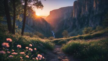 Hiking Path Through Mountain Canyon at Sunset with Wildflowers photo