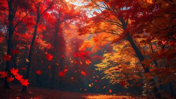 Autumn Forest with Falling Leaves and Sun Rays Filter Through Trees photo