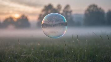 Floating Bubble Reflecting Field at Dawn Creating Magical Atmosphere photo