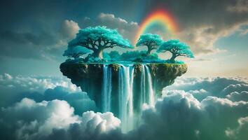 Floating Island with Waterfall Rainbow and Lush Trees in Cloudy Sky photo