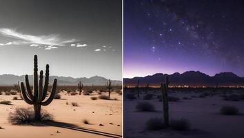 Desert Cactus Landscape Day and Night with Mountains and Stars photo