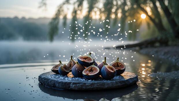 Figs on Stone Slab by Lake with Sprinkled Sugar Particles photo