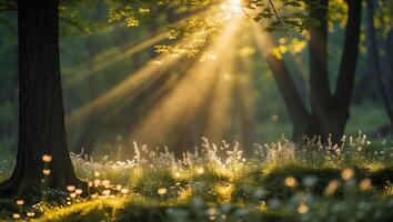Sun Rays Streaming Through Forest Trees Illuminating Wildflowers in Meadow photo
