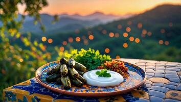 Serving Dolma with Yogurt on a Decorative Plate with Mountain View photo