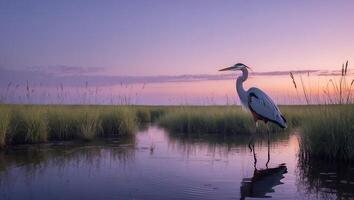 Heron Wading in Water at Sunset with Grassy Marsh View photo