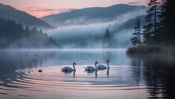 Swans Swimming Calm Lake at Sunrise Surrounded by Misty Forest photo