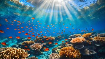 Orange Fish Swimming Over Coral Reef with Sun Rays Underwater photo