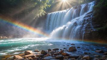Cascading Waterfall with Rainbow and Sunlight Creating Mystical Natural Scene photo
