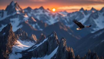 Eagle Flying Over Mountain Range at Sunset with Snowy Peaks photo