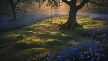 Tree Swing in Lush Meadow with Early Morning Light and Flowers photo