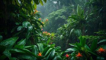 Experiencing Tranquil Rainforest Setting with Lush Greenery and Gentle Rain photo