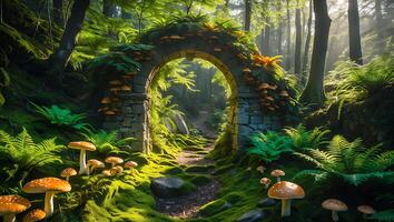 Walking the Forest Path Through Stone Archway with Wild Mushrooms photo