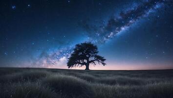 Solitary Tree Silhouette Under the Milky Way Galaxy in Night Sky photo