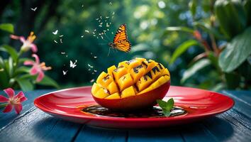 Mango Half Served on Plate with Butterfly Flying Near photo
