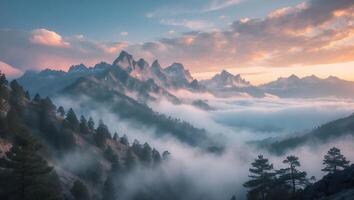 Mountains Rising Above Valley Filled with Fog at Dusk photo