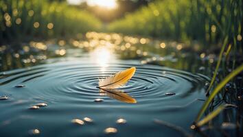 Floating Feather Creating Ripples in Still Water Reflecting Sunlight photo