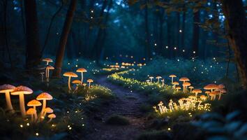 Glowing Mushrooms Along Forest Path at Night Creating Magical Scene photo