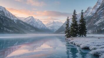 Icy Lake Reflecting Mountains and Sky with Snow Covered Trees photo
