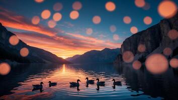 Ducks Swimming in Mountain Lake at Sunset with Orange Bokeh Effect photo