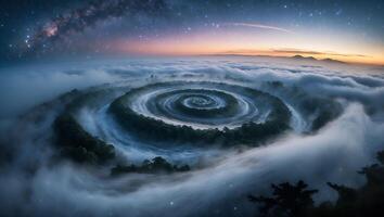 Spiral Forest Surrounded by Fog Under Starry Night Sky Landscape photo