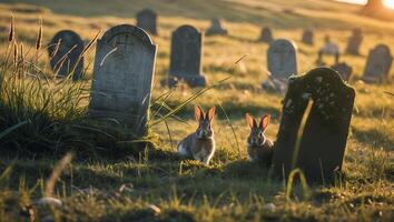 Rabbits Sitting in Grassy Cemetery Landscape at Golden Hour photo