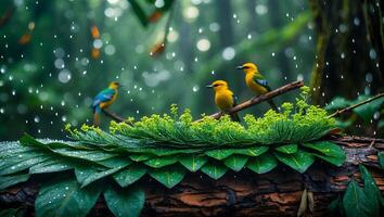 Birds Perching on Branch with Lush Foliage in Gentle Rain photo