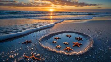 Starfish Resting on Beach at Sunset Calm Ocean Water photo