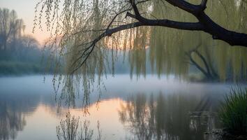 Willow Tree Reflected in Misty Lake at Dawn Calm Waters photo