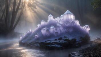 Glowing Crystals in Forest Stream with Sun Rays and Mist photo
