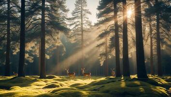 Deer Standing in Forest with Sunlight Streaming Through Trees photo