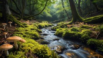 Stream Flowing Through Mossy Forest with Mushrooms in a Serene Landscape photo