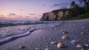 Seashells on Sandy Beach Meet Gentle Waves at Dawn Light photo