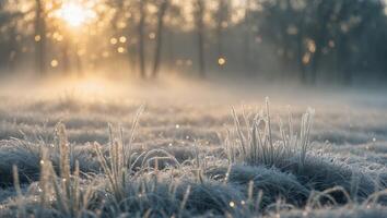 Frosted Grass Sparkling at Sunrise in a Tranquil Winter Scene photo