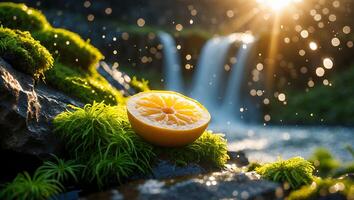 Half Orange Resting on Moss Near a Waterfall in Sunlight photo
