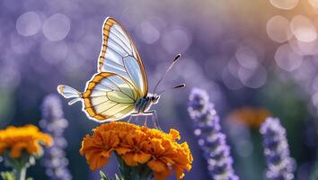 Butterfly Resting on Orange Flower in a Dreamy Purple Field photo